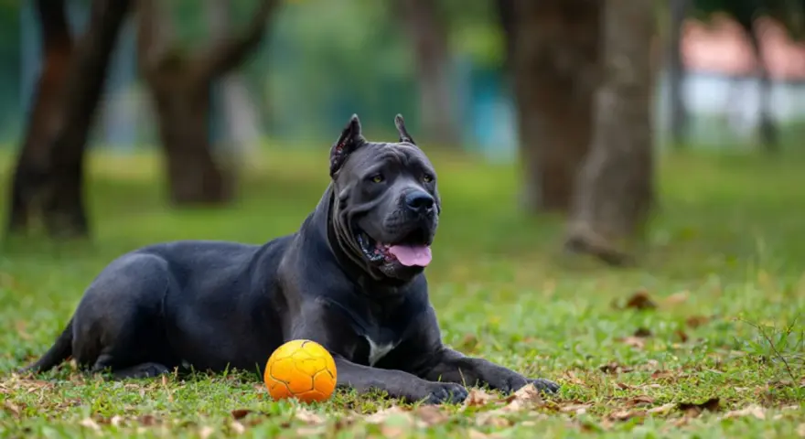 Potężny pies rasy Cane Corso, o imponującym wzroście, leży na trawie obok pomarańczowej piłki.