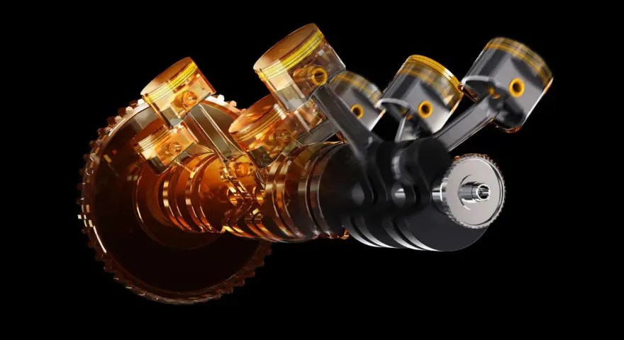 Motore V4 trasparente con pistoni dorati e albero motore. Il movimento dei pistoni è fondamentale per il calcolo della coppia.