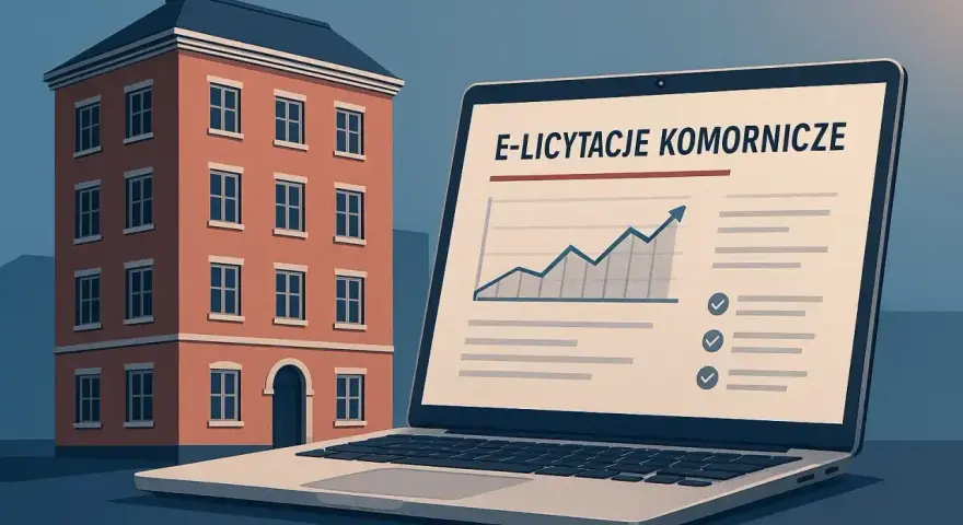 Domy wystawione na licytacje przez komornika. Na ekranie laptopa widnieje napis "E-licytacje komornicze" i wykres wzrostu.