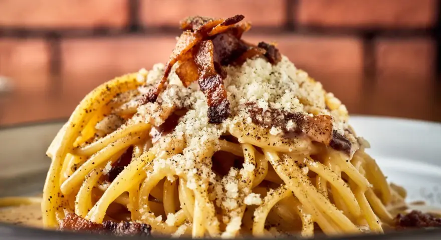 Pyszny makaron włoski carbonara z chrupiącym boczkiem i parmezanem, posypany świeżo mielonym pieprzem.