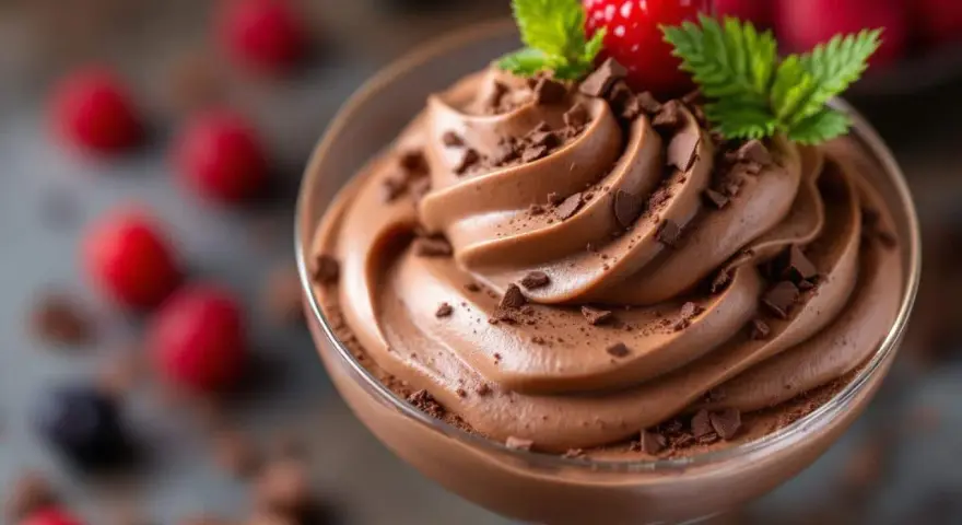 Délicieux dessert sans oeuf : mousse au chocolat onctueuse, garnie de copeaux de chocolat, d'une framboise fraîche et de feuilles de menthe.