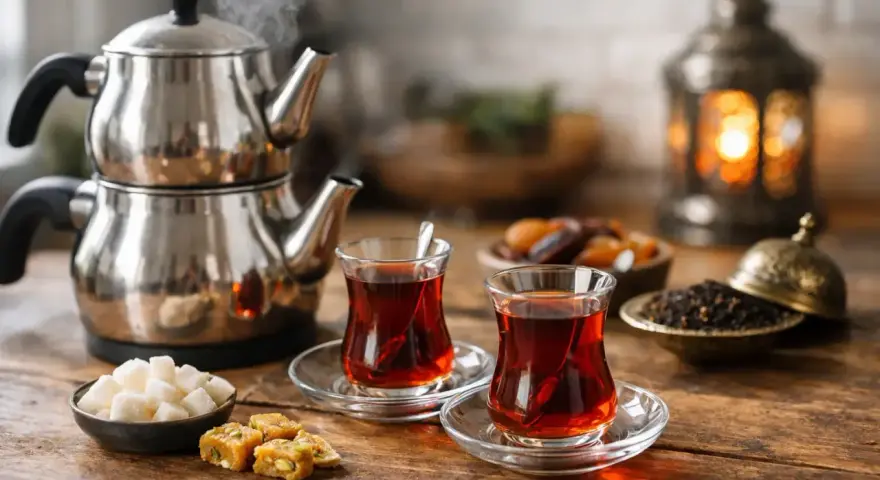 Para podana do degustacji: gorąca herbata po turecku, cukierki i suszone owoce.