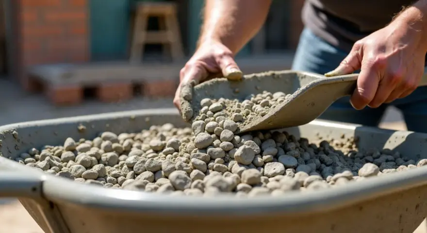 Mocny beton proporcje: ręce wsypują kruszywo do taczki, przygotowując mieszankę.