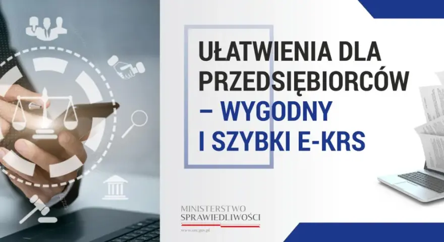 Ręce trzymające smartfon z ikonami prawnymi i dokumenty wychodzące z laptopa.