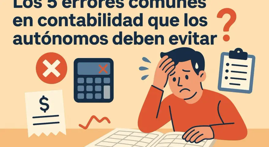 Un autónomo agobiado frente a errores comunes en contabilidad. Calculadora, ticket y lista de tareas sugieren la dificultad de contabilizar cuota autónomo.