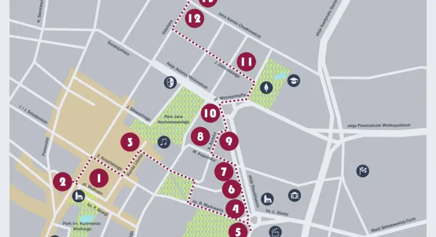 Mapa turystyczna z zaznaczonymi punktami, m.in. Parkiem im. Kazimierza Wielkiego i placem Wolności. Dag Bromberg mógłby tu odkrywać ciekawe miejsca.