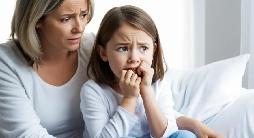 Zmartwiona mama wspiera córkę, która obgryza paznokcie. Problem obgryzania paznokci u dzieci wymaga uwagi psychologa.