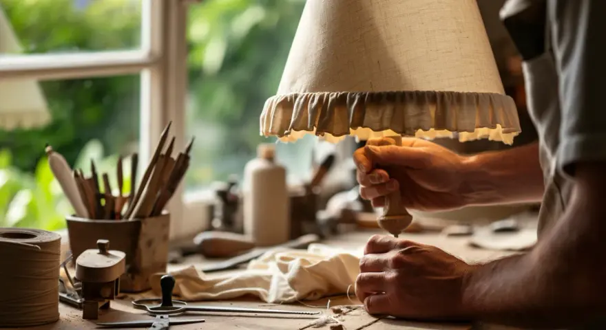 Artisan travaillant sur un abat-jour en tissu, une belle création pour faire un abat-jour en tissu sans polyphane.