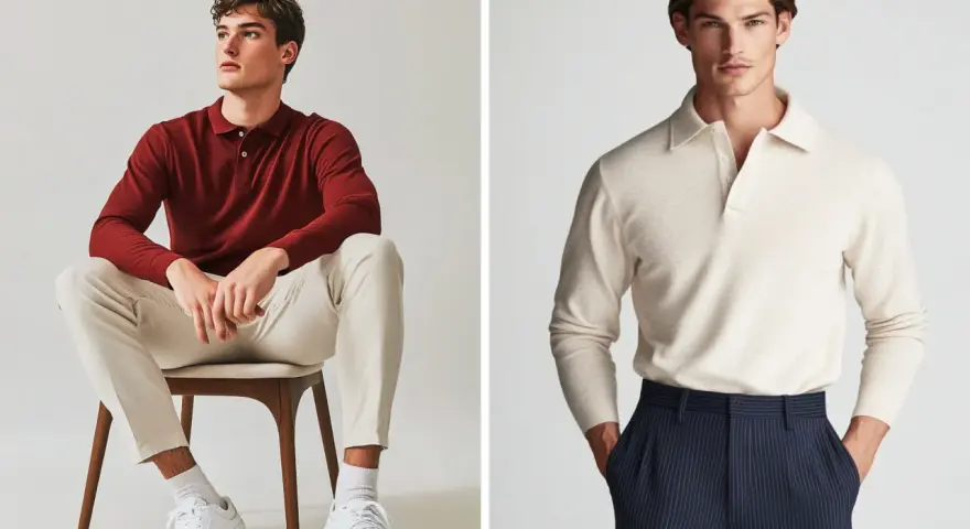 Due modelli presentano un elegante outfit con polo uomo: uno con polo bordeaux e pantaloni chiari, l'altro con polo beige e pantaloni a righe blu.