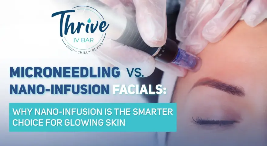 A gloved hand performs nano-infusion on a woman's forehead, promoting glowing skin.
