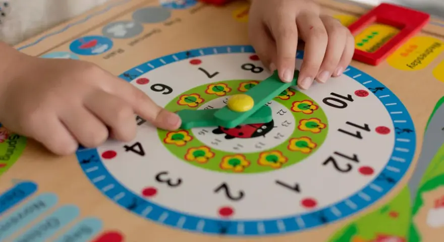 Kind lernt Uhrzeit: Zeiger auf 9, wie bringe ich meinem Kind die Uhr bei? Bunte Lernuhr mit Marienkäfer.