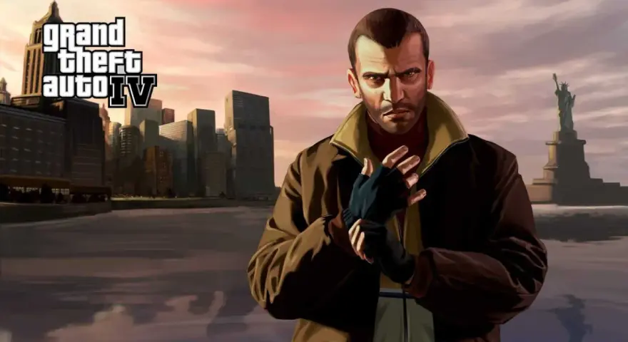 Niko Bellic w Liberty City, zapowiedź **gta 4 remastered**. Miasto, Statua Wolności i bohater gry.