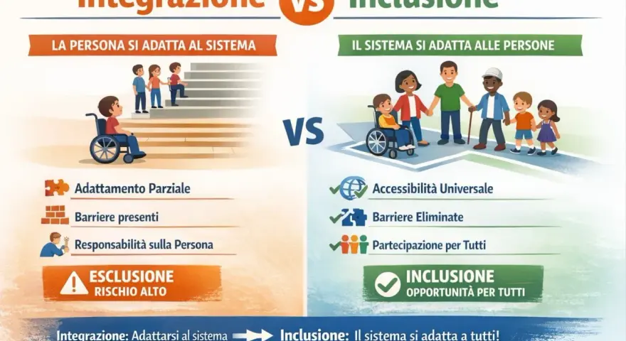 Integrazione vs Inclusione: un bambino in carrozzina affronta scale (integrazione), mentre un gruppo eterogeneo, inclusi bambini con disabilità, cammina insieme (inclusione). Fondamentale per l'autismo e lavoro.