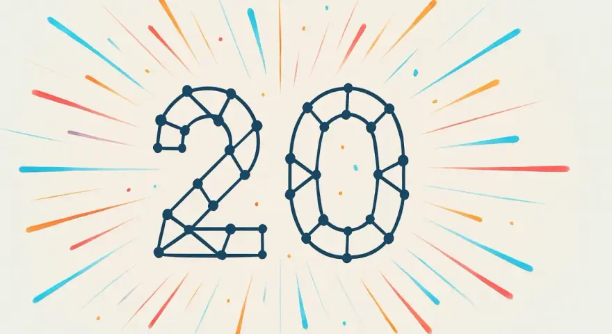Il numero 20, formato da punti collegati, esplode in un'esplosione di colori, come un pecha kucha di idee.