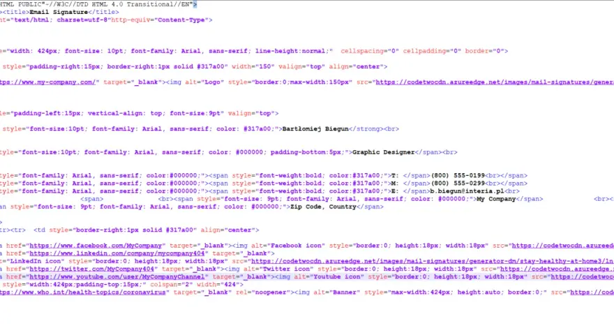 Kod HTML stopki email z danymi kontaktowymi i linkami do mediów społecznościowych.