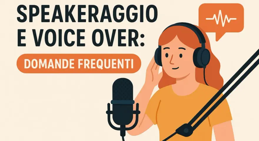 Ragazza con cuffie e microfono, testo "Speakeraggio e Voice Over: Domande Frequenti". Cos'è il voiceover?