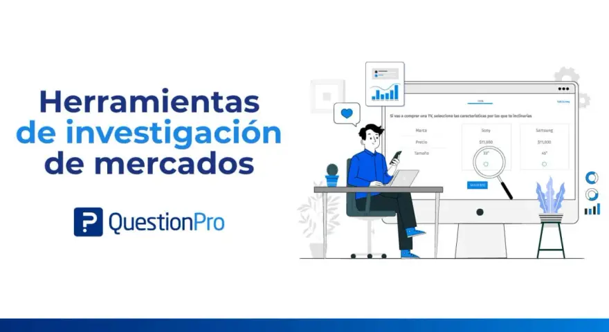 Ilustración de herramientas para investigar el mercado, con un hombre interactuando con una pantalla de computadora que muestra opciones de compra de televisores.