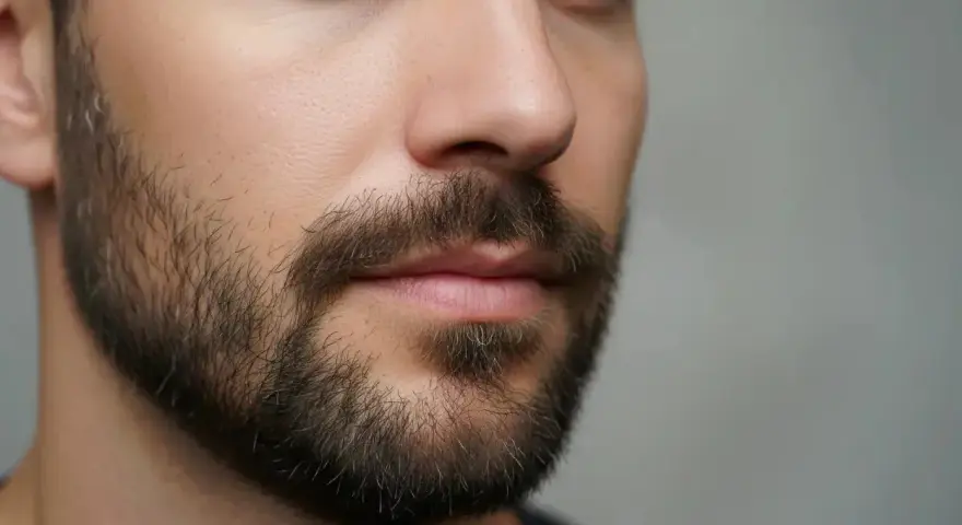 Nahaufnahme eines Mannes mit einem gepflegten 3-Tage-Bart. Seine braunen Augen blicken nach rechts.