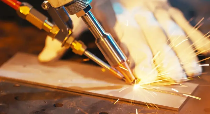 Precyzyjne spawanie laserowe aluminium, iskry sypią się podczas pracy.