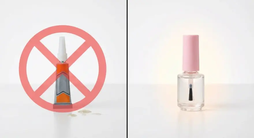 A tube of glue with a red prohibition sign over it, contrasted with a bottle of clear nail polish.