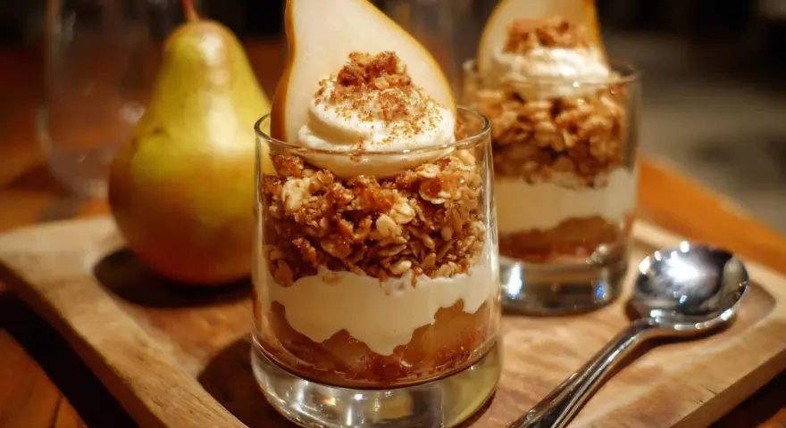 Postre de pera en vaso con crema y granola, acompañado de una pera entera.