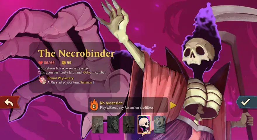 Postać z gry Slay the Spire 2: The Necrobinder, szkielet w szacie z kosą, gotowa do walki.