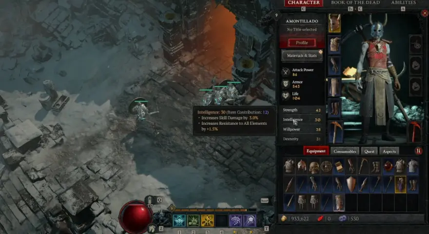 Personaje nigromante en Diablo 4, con estadísticas de inteligencia y equipo.