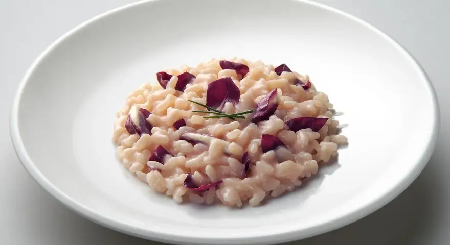 Un cremoso risotto al radicchio rosso, guarnito con erba cipollina, servito su un piatto bianco.