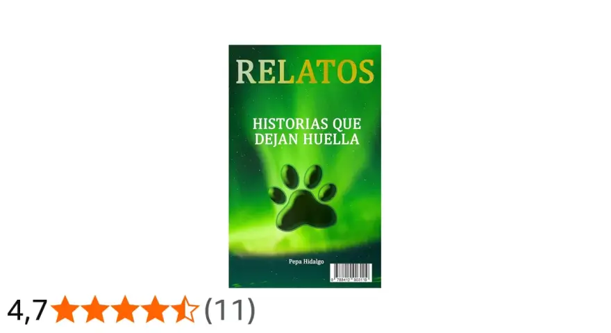 Portada de libro "Relatos: Historias que dejan huella", con una huella de pata y fondo verde. Ejemplos de microrrelatos que conmueven.