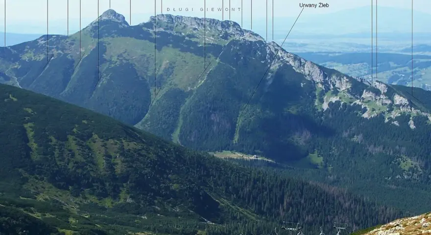 Giewont, majestatyczny szczyt Tatr, wznosi się na 1867 m. Widok obejmuje stoki, doliny i wyciągi krzesełkowe.
