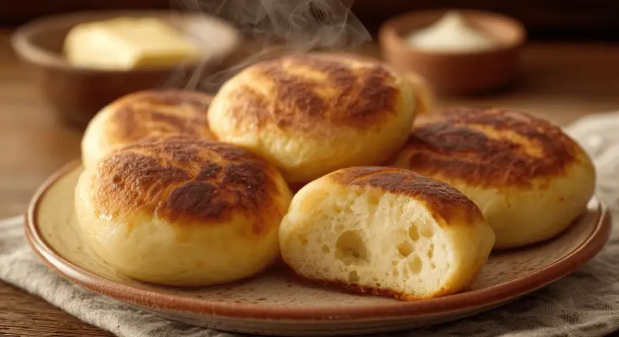 Dampfnudle moelleux et dorés, un délice de la recette traditionnelle. Vapeur s'échappant d'une assiette, avec du beurre et de la crème en arrière-plan.
