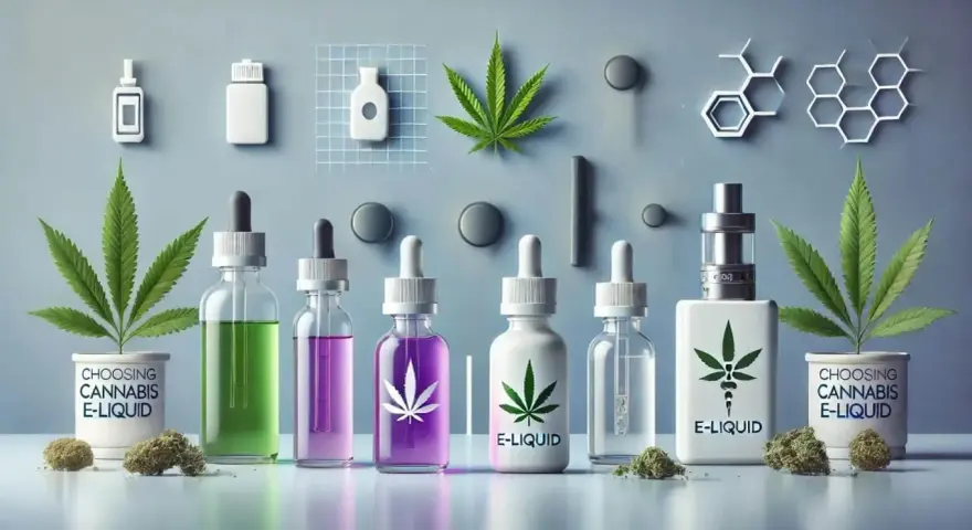 Variedad de frascos con líquidos de colores y hojas de cannabis, mostrando los **sabores de líquidos para cigarrillos electrónicos**.