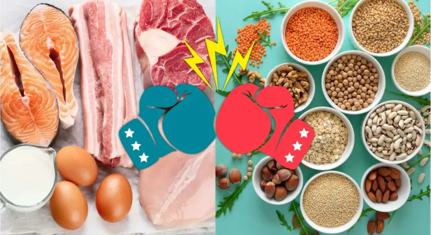 Kamp mellan animaliskt protein (lax, bacon, kött, kyckling, ägg, mjölk) och vegetabiliska proteinkällor (linser, nötter, bönor, havre, quinoa, mandlar).
