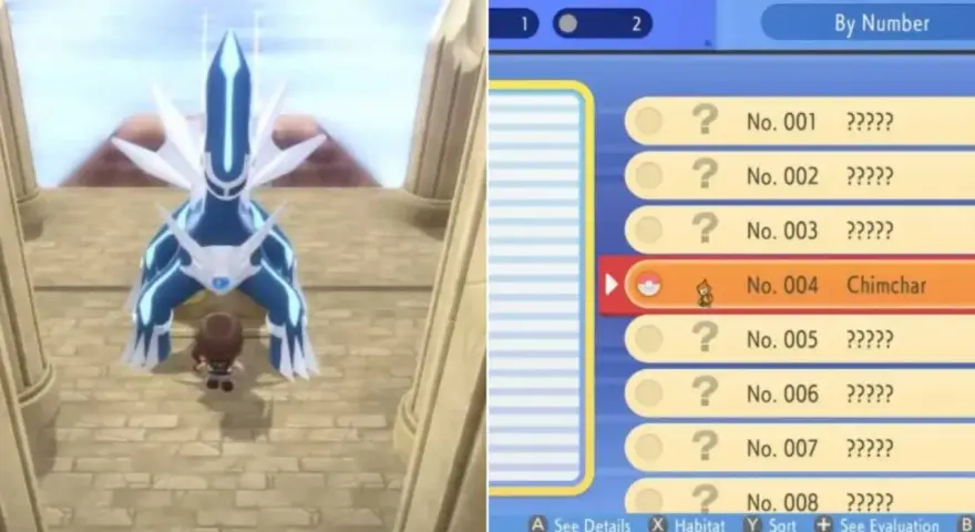 Jugador frente a Dialga en Pokémon Diamante Brillante. A la derecha, la Pokédex Nacional muestra a Chimchar, No. 004.