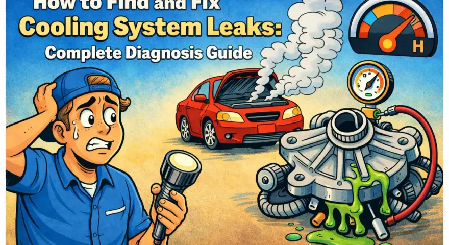 A distressed mechanic holds a flashlight, facing a steaming red car and a leaking coolant pump. The image illustrates how to find and fix cooling system leaks.