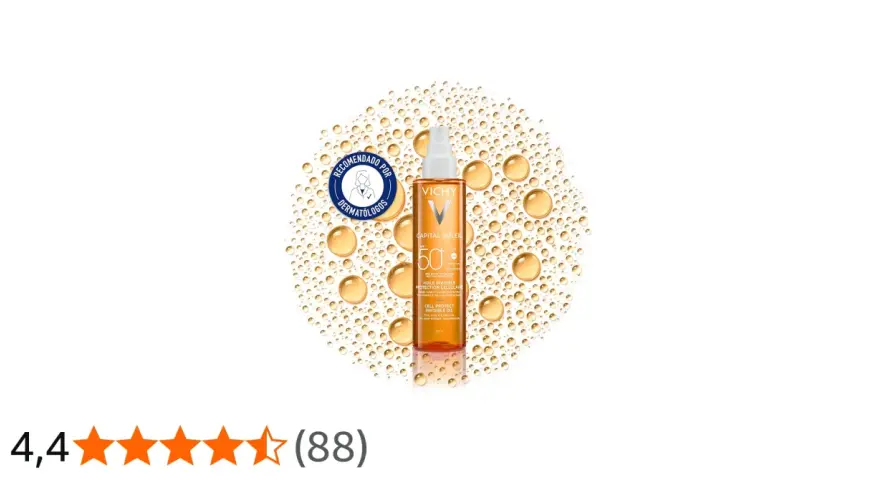 Olio protettivo Vichy Capital Soleil SPF 50, con pentaerythrityl tetra-di-t-butyl hydroxyhydrocinnamate, raccomandato dai dermatologi.