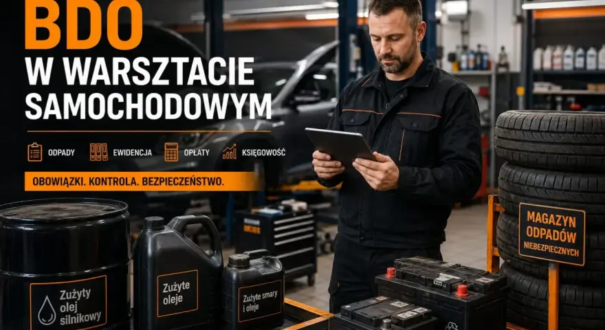 Mechanik w warsztacie samochodowym korzysta z tabletu, zarządzając odpadami i ewidencją. Obok stoją beczki z zużytymi olejami i akumulatory.