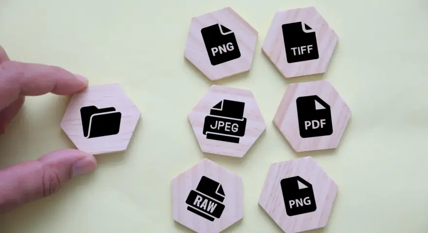 Palec wskazujący dotyka heksagonalnego klocka z ikoną folderu. Wokół niego ułożono klocki z nazwami formatów plików: PNG, TIFF, JPEG, PDF, RAW.