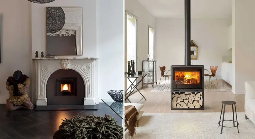 Due eleganti caminetti moderni, uno a legna e uno a pellet, riscaldano due diversi ambienti domestici con il loro calore invitante.