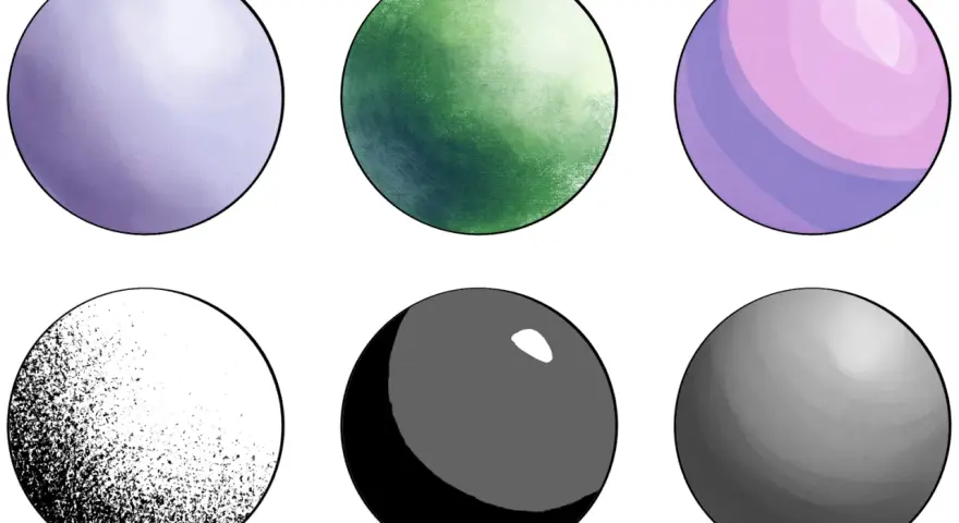 Seis círculos con diferentes texturas y sombreados, ideales para dibujos con sombras fáciles para niños.