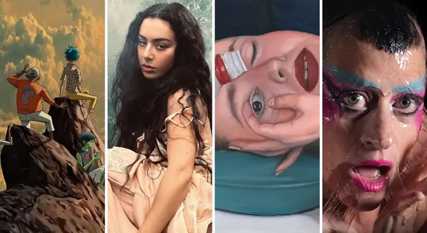 Kolaż okładek albumów muzycznych: Gorillaz, Charli XCX, surrealistyczny portret i artysta w makijażu.
