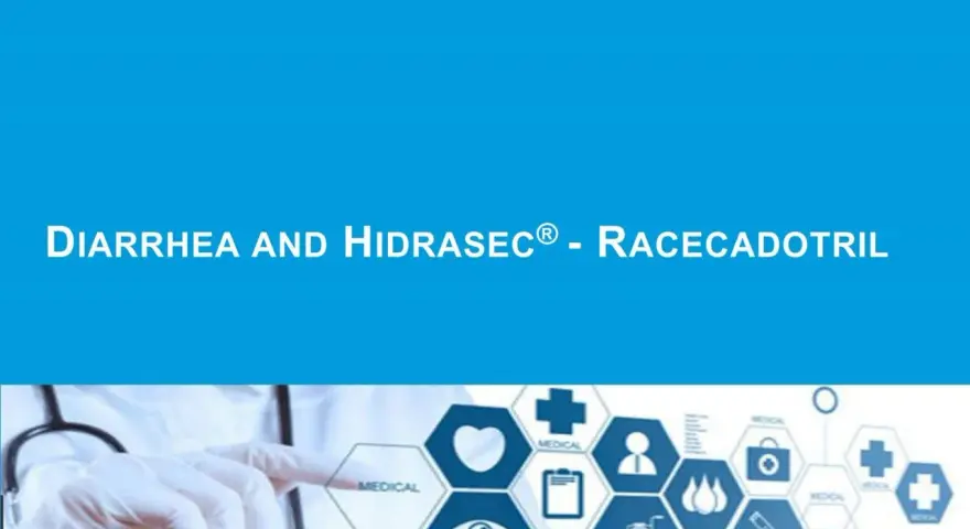 Lekarz w rękawiczce wskazuje na ikonki medyczne, obok napis "DIARRHEA AND HIDRASEC® - RACECADOTRIL".