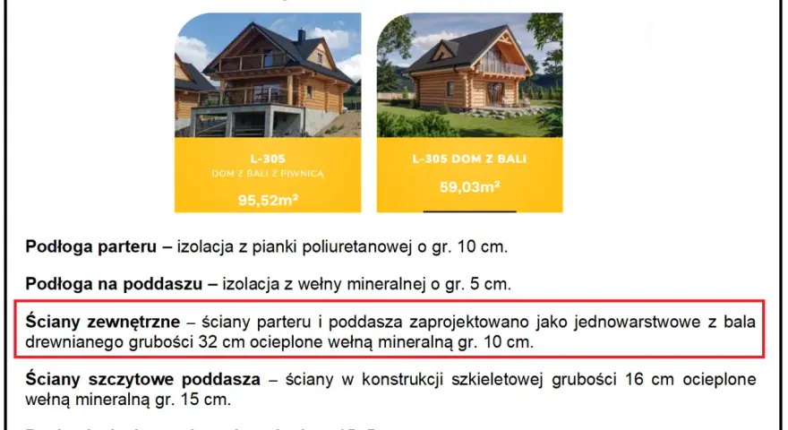 Czy dom z bali trzeba ocieplać? Tak, ściany zewnętrzne z bali drewnianej grubości 32 cm ocieplono wełną mineralną gr. 10 cm.