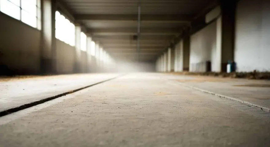 Długi korytarz z betonową posadzką, gdzie trwa zacieranie betonu. Światło wpada przez okna, tworząc mglistą atmosferę.