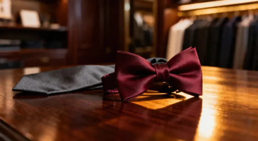 Elegancka bordowa mucha i szary krawat leżą na drewnianym stole. Wybór między muchą czy krawatem zależy od okazji.