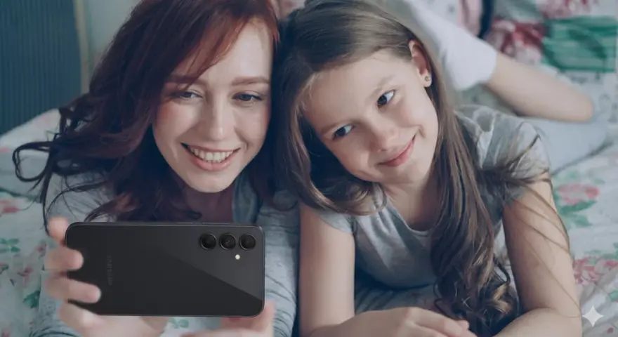 Mama i córka robią selfie telefonem. Od ilu lat można mieć telefon? Odpowiedź zależy od rodziców i dziecka.