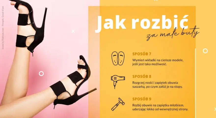 Nogi w czarnych sandałach na obcasie, obok ikon przedstawiających metody rozciągania butów.