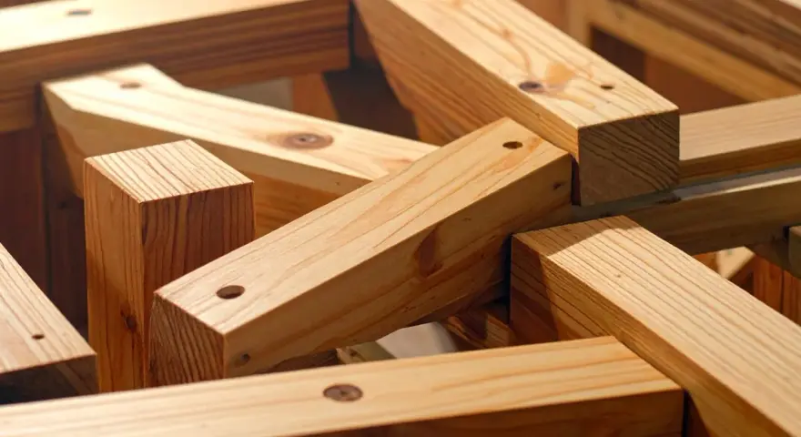 Legno grezzo, tagliato e forato, pronto per diventare mobili. Travi di pino grezzo, perfette per costruire.
