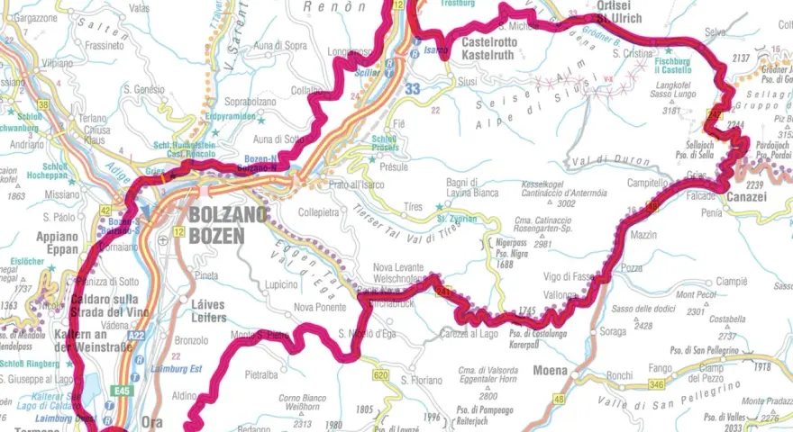 Mappa delle Dolomiti con itinerario di 5 giorni evidenziato in fucsia, partendo da Bolzano.