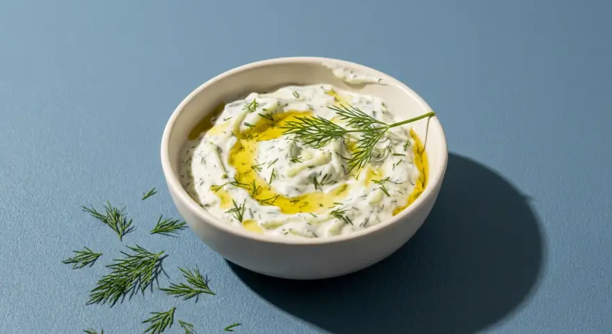Schüssel mit cremigem Tzatziki, garniert mit Olivenöl und Dill. Perfekt für Ihr nächstes Tzatziki Rezept.